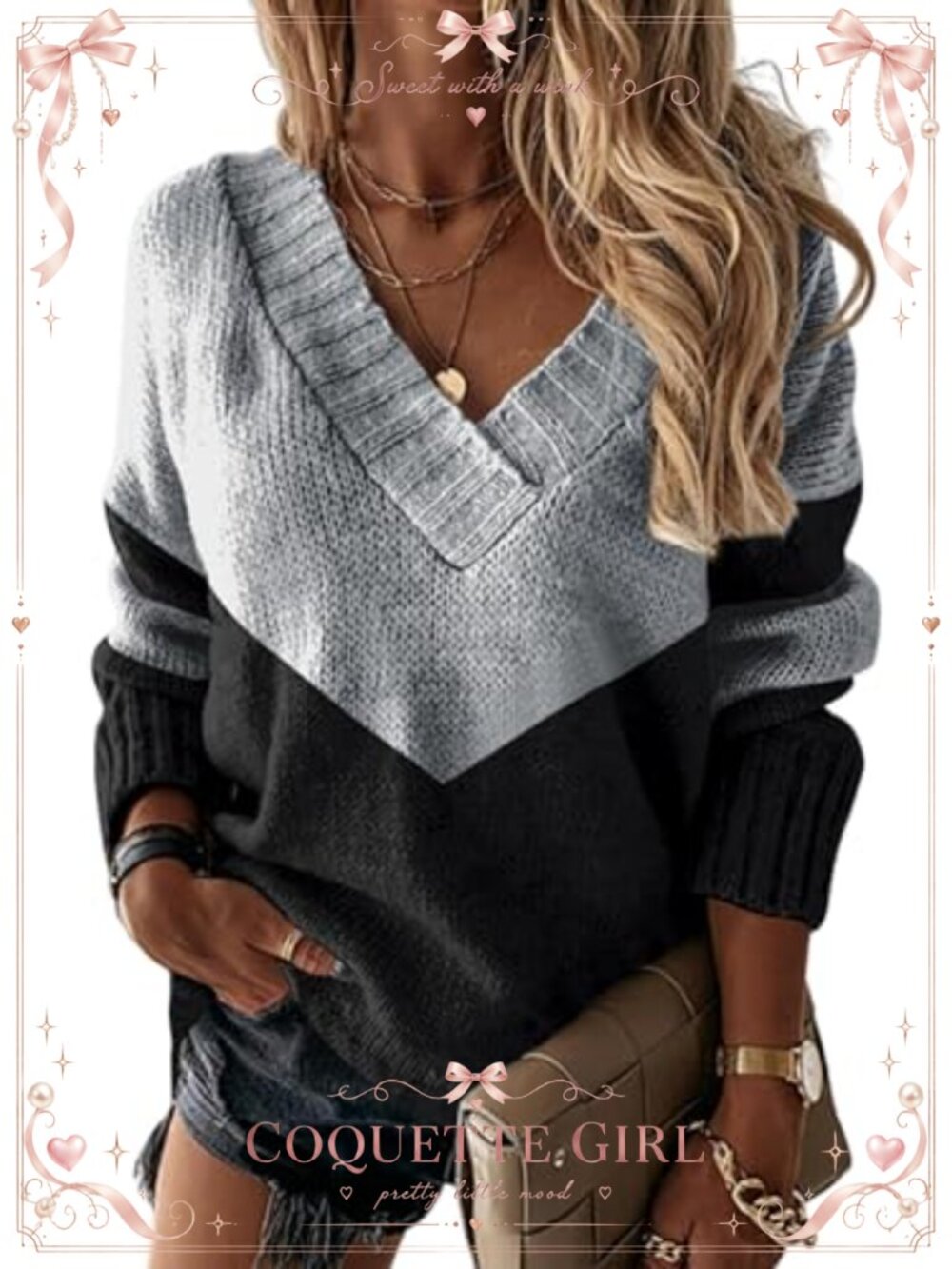 Womens Chunky Knit Oversized V-Neck Pullover Sweater Loose Fit